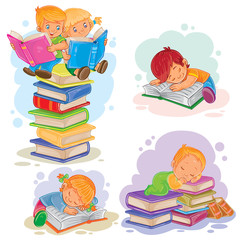 Set of icons of small children reading a book