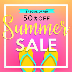 Summer sale tamplate design banner. Illustration with flip flops and beach. Vector background