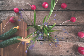 Still life of a cucumber radish on a wooden background.