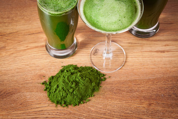 Young barley and chlorella spirulina. Detox superfood.