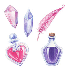 Halloween hand-drawn illustration. Magic elements set. Love potion.