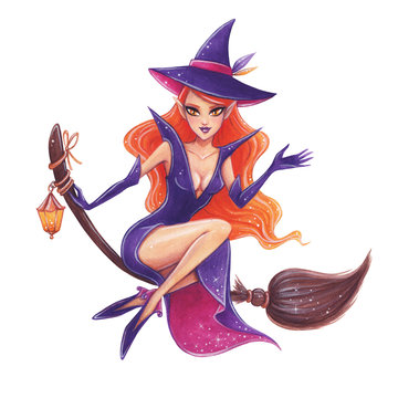 Halloween hand-drawn illustration. Cute Witch on the broom.