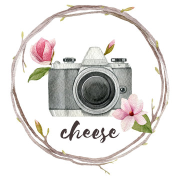 Watercolor photographer illustration with vintage photo camera,wreath of branches and magnolia flowers. Hand drawn spring logo isolated on white background.