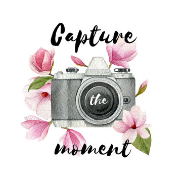 Capture the moment. Watercolor vintage photo camera and magnolia flowers with lettering. Hand drawn photographer logo.