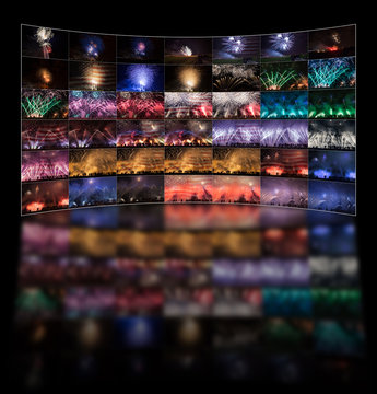 Video wall concept showing variety fireworks photos on TV screens.