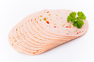 Sliced boiled ham sausage isolated on white background, top view.