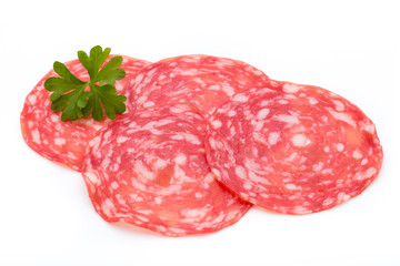 Salami smoked sausage slices isolated on white background cutout.