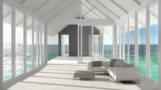 Minimalist living room with big windows, stained glass and terrace on sea ocean panorama, ship interior design