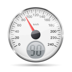 Speedometer. Round white gauge with chrome frame