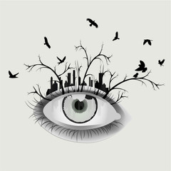 An eye that is condensed in the city landscape, dark illustration
