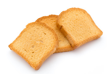 Slices of toast bread on wooden table, top view.