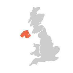 Simplified hand-drawn blank map of United Kingdom of Great Britain and Northern Ireland, UK. Divided to four countries with Northern Ireland red highlighted. Simple flat vector illustration.