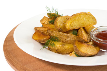 Fried potato slices on a white plate with sauce