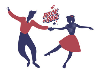 Young couple wearing 50's clothes dancing rock and roll. Vector Illustration
