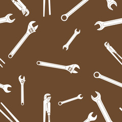 White wrench icons on brown background. Industrial seamless texture