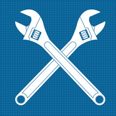 Adjustable wrench. Crossed white icons on blueprint background