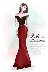 Fashion beautiful woman in romantic evening dress. Sketch.  Girl in fashion clothes: red skirt and black sexy crop top. Vector illustration.