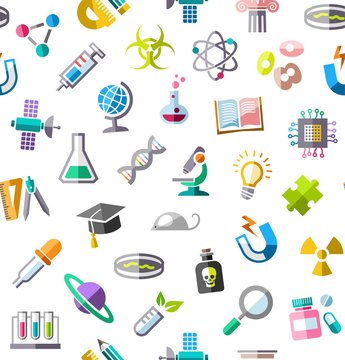 Science, background, seamless, color, white, vector. Colored flat icons on a white field. Different types of scientific activities. Colored, flat background. 