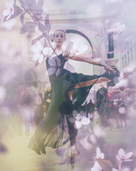 Double exposure of gorgeous ballet dancer and cherry tree blossoms
