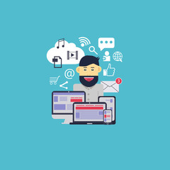 Social media. A person surrounded by modern gadgets and various Internet icons. Design of the wrapper. Flat design. Cartoon image. Man in the modern world. Isolated on light blue. Advertising of the g