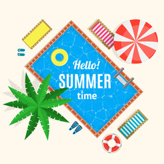 Hello Summer Time with Swimming Pool Card or Poster. Vector
