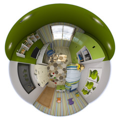 3d illustration spherical 360 degrees, seamless panorama of children's room interior design. Design a child's room is in green and blue tones. Tyny little world style image. 