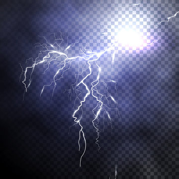 Lightning discharge in the expressive night sky with cloudiness. Thunderstorm, tempest, bad weather. Isolated object on a transparent background. Realistic vector illustration of EPS10.