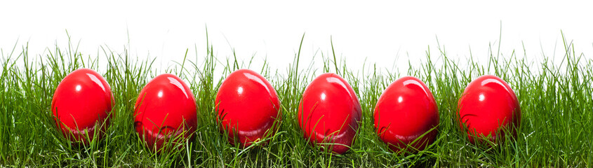 Fototapeta na wymiar six red easter eggs in isolated grass