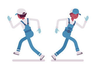 Male janitor running, rear and front view