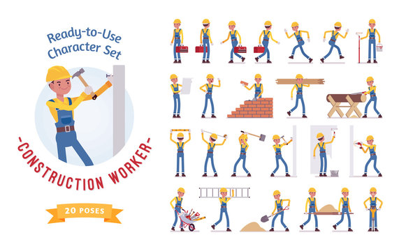Ready-to-use young male worker character set, various poses and emotions
