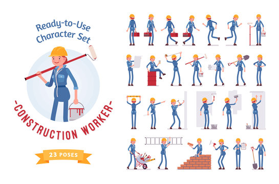Ready-to-use young female worker character set, various poses and emotions