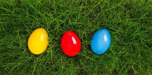 Fototapeta na wymiar easter eggs in yellow, red and blue lying in grass in birds eye view