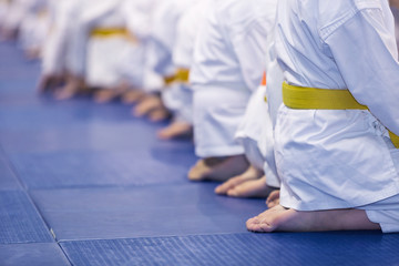 Group of children in kimono sitting in a line on tatami. Selective focus