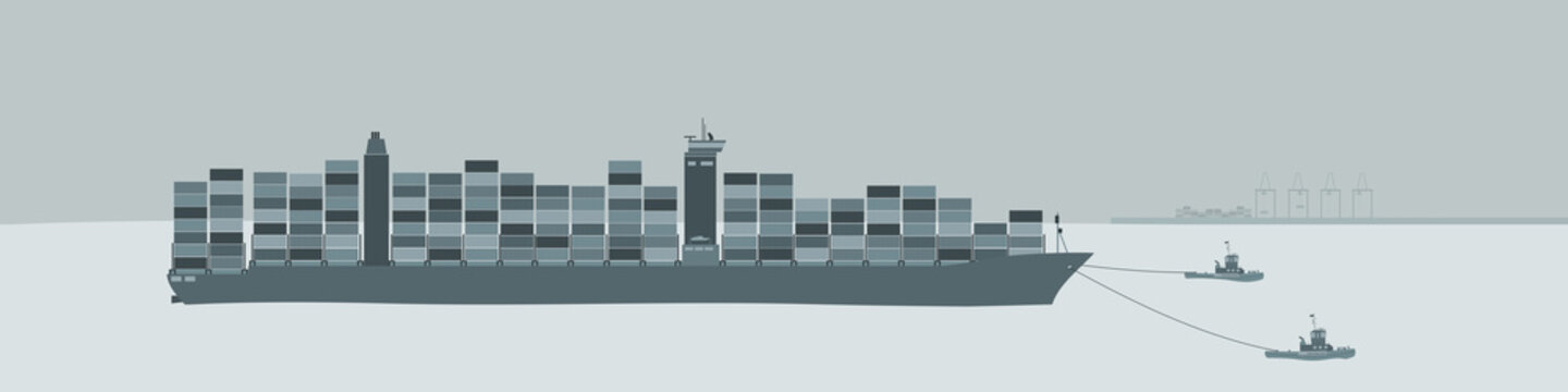 Multimodal transport and logistics. Container vessel accompanied by two tugs entering in seaport.