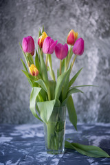 Bouquet from multi-colored tulips
