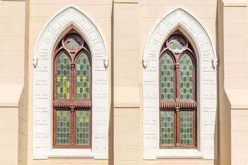 Fototapeta na wymiar Windows of the Dutch Reformed Church in Philippolis