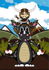 Cartoon Viking Warrior and Dragon