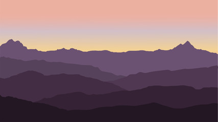 Fototapeta na wymiar panoramic view of the mountain landscape with fog in the valley below with the alpenglow pink sky and rising sun - vector