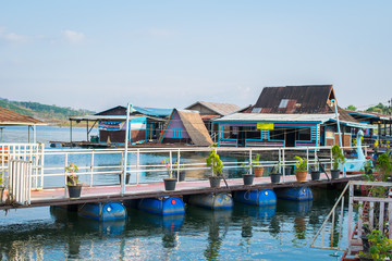 Fototapeta na wymiar floating house near river in Kanchanaburi thailand