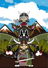 Cartoon Viking Warrior and Dragon