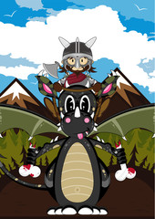 Cartoon Viking Warrior and Dragon