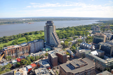 Aerial view of Quebec City Loews Hotel Le Concorde and St Lawrence River in summer, Quebec, Canada.
