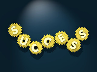 Working mechanism of success. Turning golden cogwheels with letters. 3d rendered image