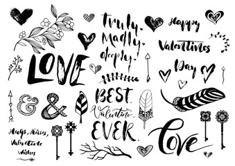 Valentine Day, wedding hand drawn lettering, outline romantic doodles