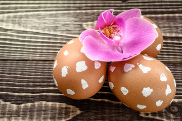 Easter eggs and willow branches on a wooden background