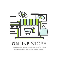 Vector Icon Style Illustration of Online Store Market, Shopping Basket Cart, Buying, Internet Surfing, Best Offer Purchase, Isolated Modern Background for Web and Mobile