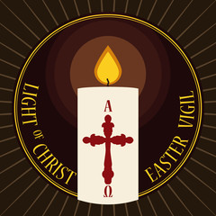 Round Button with Lighted Paschal Candle for Easter Vigil, Vector Illustration