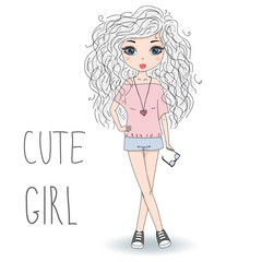 Hand drawn cute fashion cartoon girl. Vector illustration.