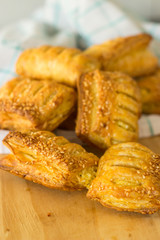 Fried patties with puff pastry cheese. Bakery products.