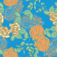 Yellow roses on a blue background. Seamless floral vector pattern. Template for printing onto fabric, wrapping paper, textiles.  Limited palette